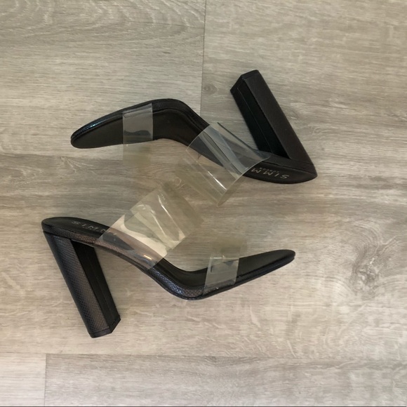 brooke patent block heel perspex peep toe mule in grey snake print faux leather